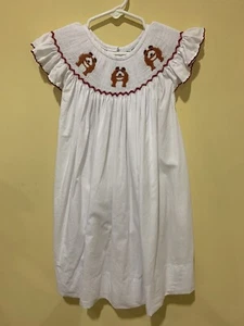Something Smocked Girl’s Smocked Dress Size 5 White Red Trim 3 Bears Exc Cond - Picture 1 of 7