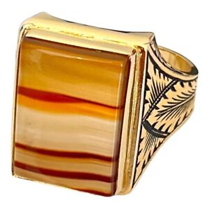 Vintage Clark and Coombs Ring Agate 18K Gold Plate Mid-Century Design Size 8