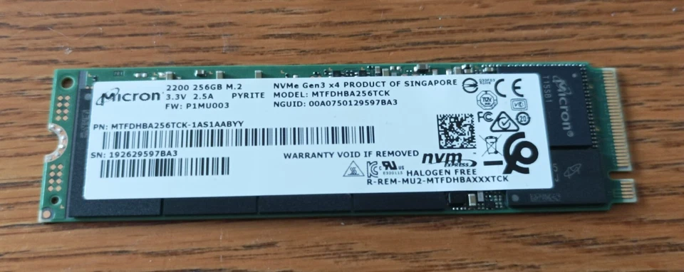 Micro 2200 M.2 Model:MTFDHBA256TCK Nvme 256GB SSD - Image 1 of 1