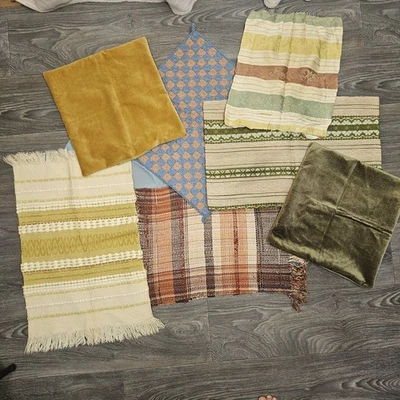 Vintage Handmade Throw Pillow Cover Lot Of 8 Velvet Woven Plaid Fringe  - Image 1 of 4