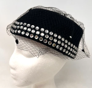 Vintage Frank Olivia Private Collection Black Felt Rhinestone Hat with Veil - Picture 1 of 8