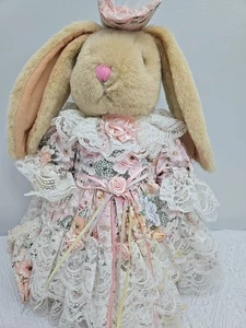 *ANCO *Adorable Lop Ear Tan Bunny with Pink Victorian Lace Dress 15" - Picture 1 of 19