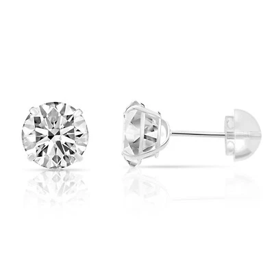 14K Real Solid White Gold Solitaire Round CZ Stud Earrings Silicone Push-back - Image 1 of 4