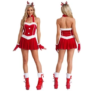 Women Costume Elf Christmas Set Dress Dancewear Lingerie Sexy Gloves Cosplay - Picture 1 of 23