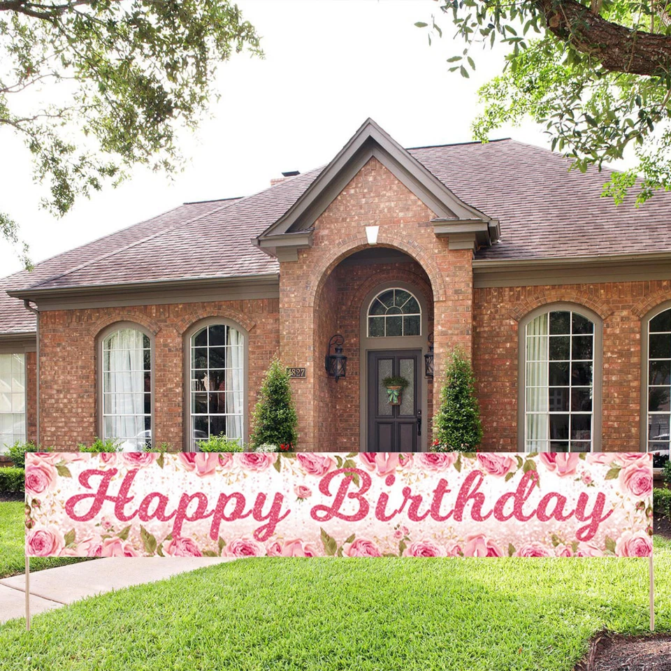Hoja Verde Rosa Rosa Flor Feliz Cumpleaños Decoraciones Fiesta Garaje Decoración Banner Foto 1 de 4