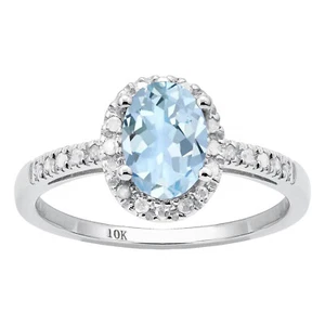10k Oro Blanco Ovalado Aguamarina Y Anillo Diamante Halo - Imagen 1 de 5
