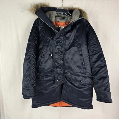 Parka Vintage PELLÓN DORADO N3B Azul Marino Talla 44 Militar Chaqueta de Vuelo Capucha de Piel Foto 1 de 4