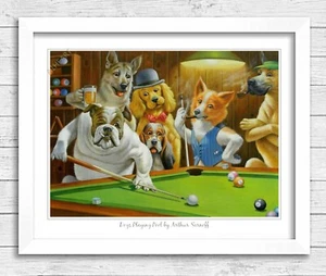 Dogs Playing Pool Snooker poster art. Fox Billiard Cue. Doggie Sarnoff Gift 4 - Picture 1 of 4