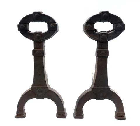 Antique Mission Arts & Craft ANDIRONS Cast Iron GOTHIC Key Hole ~ Late 1800's Cover