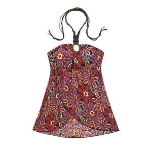 Sz L Vintage Y2K Flowey Beaded Halter Top Floral Paisley Orange Blue Tropical - Picture 1 of 12