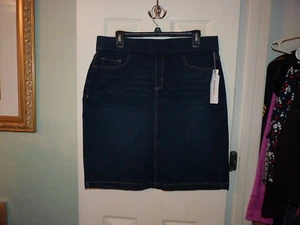 NWT Liz Claiborne Dark Blue Jean Skirt Elastic Pockets Sz 14 Travel Summer Cruis - Picture 1 of 10