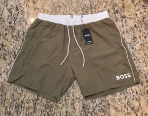 HUGO BOSS Men's Drawstring HUGO Swim Shorts Green White Pockets NEW 50223662 - Picture 1 of 6