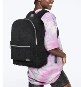 New Victoria's Secret PINK Corduroy Backpack  Padded Straps Black Fits Laptop - Picture 1 of 4