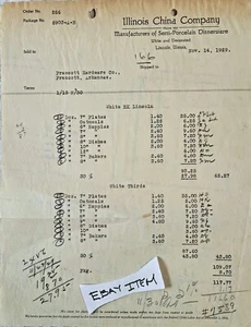 Billhead Lincoln 1929, Illinois China Company to Prescott Hardware - Imagen 1 de 1
