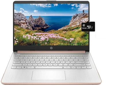 Ноутбук HP 14 дюймов высокой четкости, 4-ядерный процессор Intel, RAM 4 ГБ, 128 ГБ (64+64), Win 11, розовое золото - Изображение 1 из 4