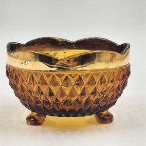 Plato de caramelo dorado festoneado de tres pies con punta de diamante ámbar de vidrio Indiana 1970 - Imagen 1 de 11