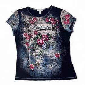 Dressbarn Y2K embellished studded edgy floral key tattoo graphic grunge tee - Picture 1 of 4