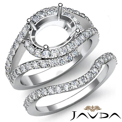 Oval Cross Shank Pave Setting Round Diamond Engagement Ring Bridal Set 1.2Ctw. - Image 1 of 4