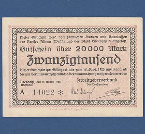 WERDOHL Arbeitgeberverband 20.000 Mark 1923 II / XF - Picture 1 of 2