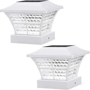 2 x Solar Powered White Led Outdoor Garden Post Deck Cap Square Fence Lights - Picture 1 of 8