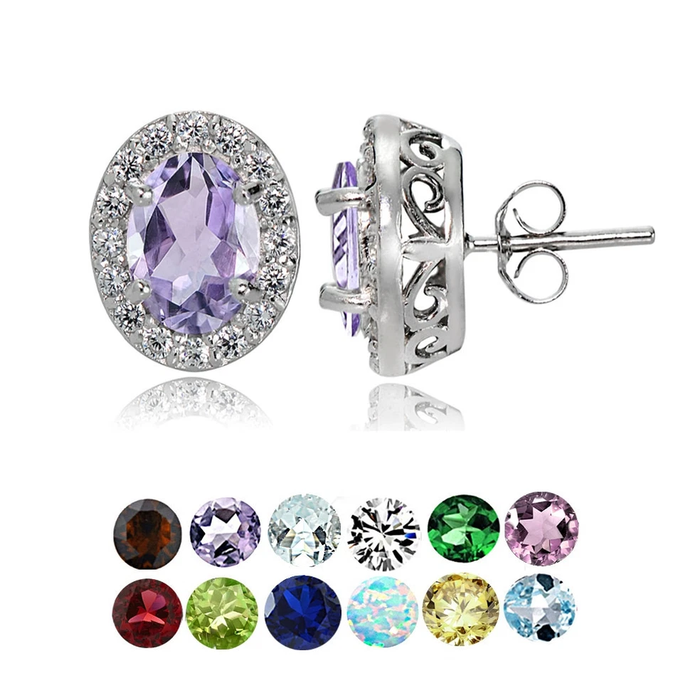 Sterling Silver Gemstone Birthstone Oval Halo Stud Earrings - Image 1 of 1