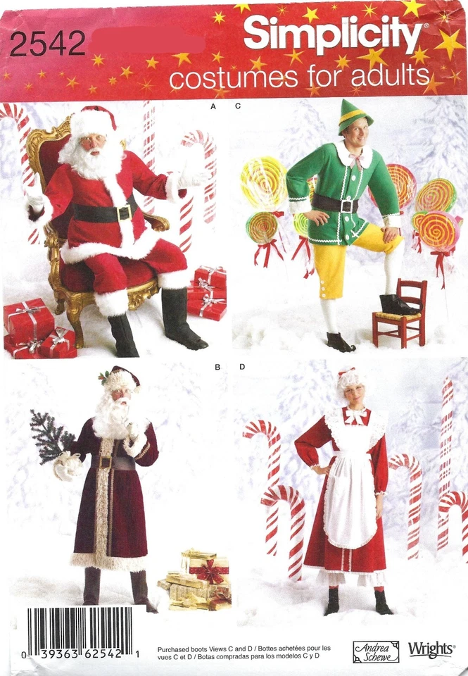 Simplicity Pattern 2542 Christmas Costumes for Adults Santa Elf Mrs Claus L XL