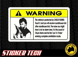 WARNING CHUCK NORRIS CAR ALARM SECURITY VINYL STICKER DECAL SUITS 4WD 4X4 V8 - Picture 1 of 1