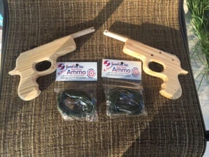 2 x Wooden Rubber Band Toy Guns Multi Shot Elastic Wood Pistol 12 Shot BRAND NEW - Picture 1 of 2