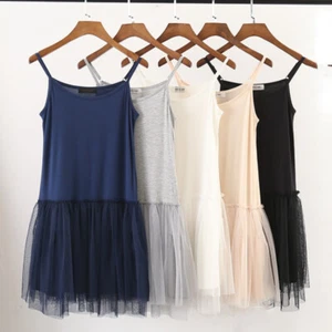 Damen Frauen Lagenlook Netz Extender Kleid Kurz Camisole Spaghetti Tüll Schlupfkleid - Bild 1 von 17