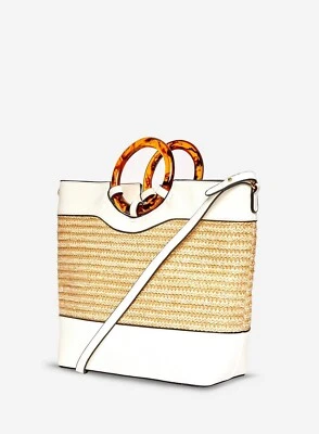 Dorothy Perkins Raffia Woven Mix Tote Bag Handbag Shoulder White Tortoise Handle - Image 1 of 4