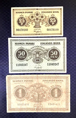 1918 FINLAND - 25p, 50p, 1 MARKKAA - set of 3 notes - MB7 - Image 1 of 2