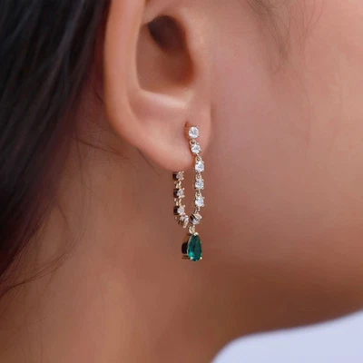 2.00Ct Pear Lab-Created Emerald Cluster Hoop Earring 14K White Gold Plated - Image 1 of 2