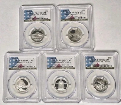1st YR 2010 S National Parks 5 Coin Silver Quarter Set PCGS PR69DCAMFlag Label - Image 1 of 4