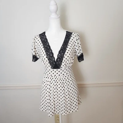 Vtg 90s Y2K Forever 21 Top Sz Medium Polkadot Lace Babydoll Shirt Fairy Coquette - Image 1 of 4
