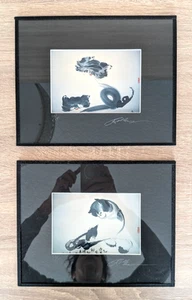 Pair of Original Chinese Japanese Cat Ink & Wash Paintings Signed Numbered - Picture 1 of 21