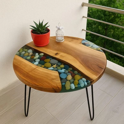 Epoxy Resin Ocean Table | Handcrafted Live Edge River Dining Coffee Table - Image 1 of 4