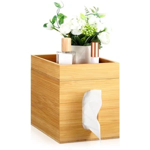 Bamboo Tissue Box Cover with Storage Tray 6" x 6" x 7.4" Square Tissue Box Ho... - Picture 1 of 7