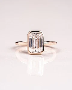 3CT Emerald Cut Bezel Setting Moissanite Engagement Ring 14K Yellow Gold Plated - Picture 1 of 11
