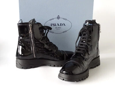 PRADA Calzature Donna Black Patent Leather Lace Up Combat Boots Sz 39 - Image 1 of 4