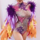 Feather Sleeve Rhinestone Bodysuit Bar Party Outfit Performance Dance Costume