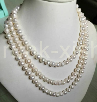 Beautiful 49" AAA 8-9mm Akoya White Pearl Necklace 14k Yellow Gold P - Image 1 of 4