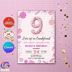 Editable Sweet 9th Birthday Celebration Invitation, Candy, Cupcake, Sweets Evite - Picture 1 of 7