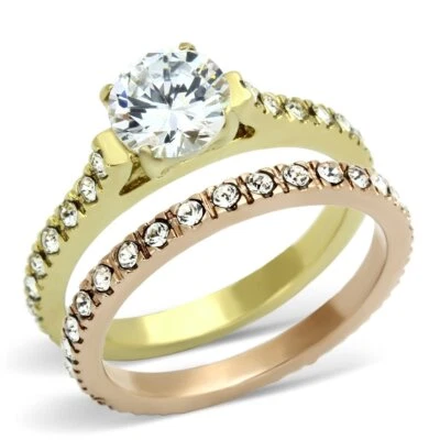 Engagement wedding ring set rose gold yellow gold ladies cubic zirconia two tone - Image 1 of 4