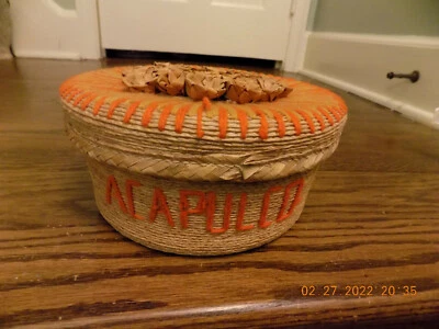 Vtg 50s ACAPULCO Basket w Lid Raffia Rattan Straw Woven Yarn Fiber Design RETRO! — 第 1/4 张图片