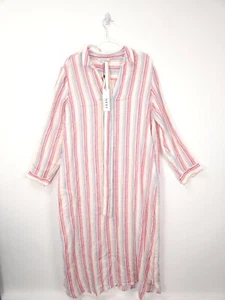 NRBY Dress Large Pink Blue Stripes Linen Maxi Long Shirt Chrissie Casual Relaxed - Picture 1 of 11