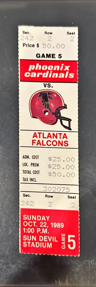 1989 FALCONS VS CARDINALS TICKET 10/22. (DEION SANDERS  3RD CAREER INT)   - A825 - Image 1 of 1