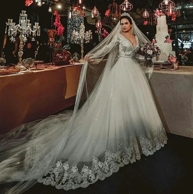 Impresionantes Vestidos de Novia Línea A Cuello en V Profundo Encaje Mangas Largas Foto 1 de 4