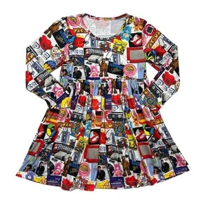 80s Pop Culture Collage Kids Dress Fit and Flare Multicolor Retro Icon - Picture 1 of 11