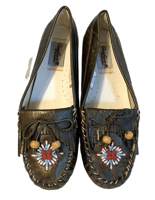 Genuine Leather Grey Beaded Moccasins Women Sz 8M Fringe Flats Comfort Ease NEW - Image 1 of 4