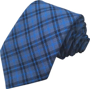 Mens Tie Blue Grey and Black Tartan Styled Bedford Check Woven - Picture 1 of 5
